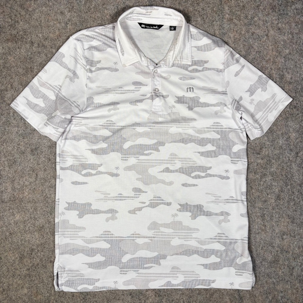 TravisMathew Polo Shirt Mens Large L White Grey Camo Tropical Island 1MY588 Golf